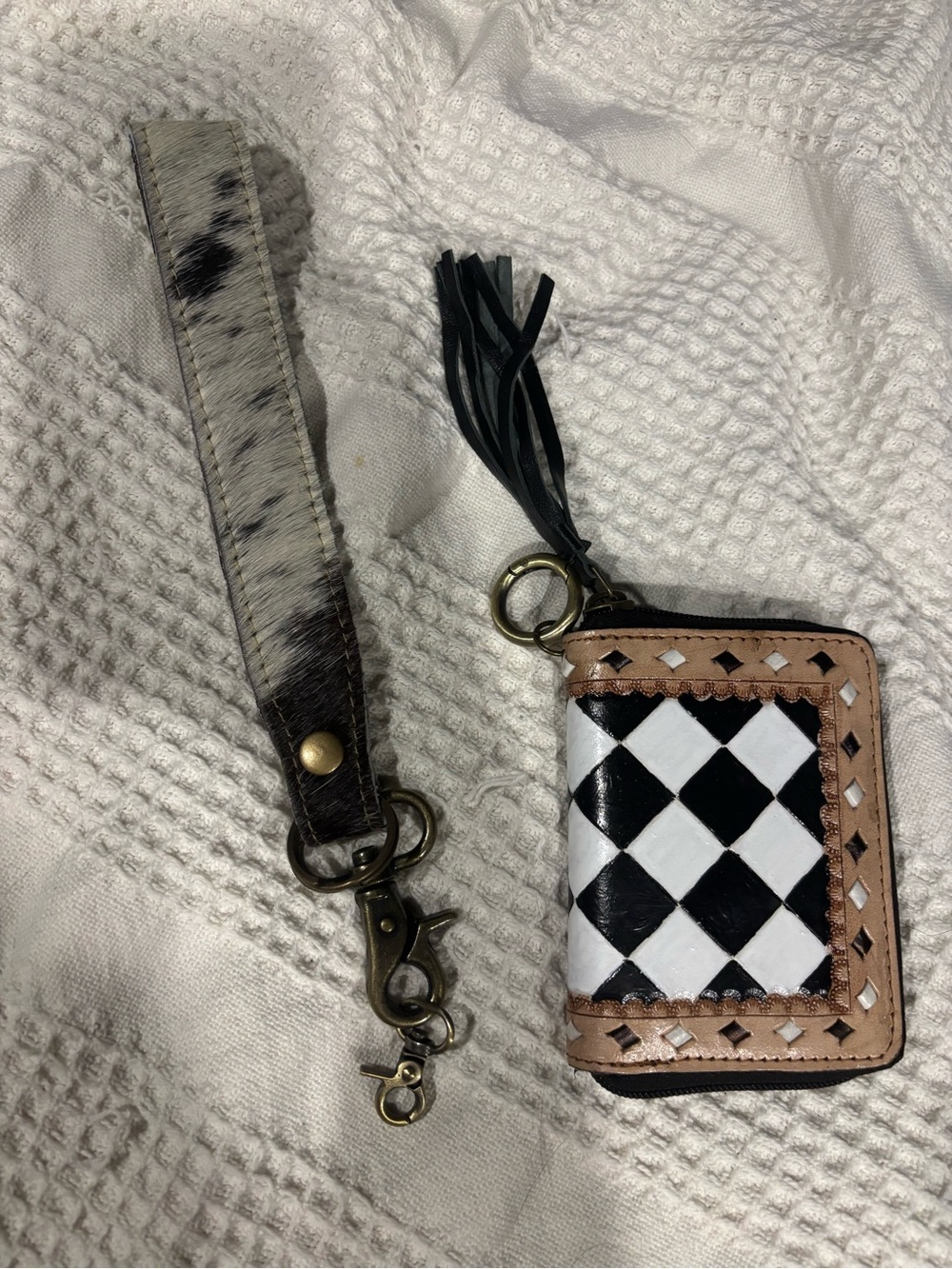 Leather Western Wristlet Keychain Wallet - Black & White with cow wrist strap
